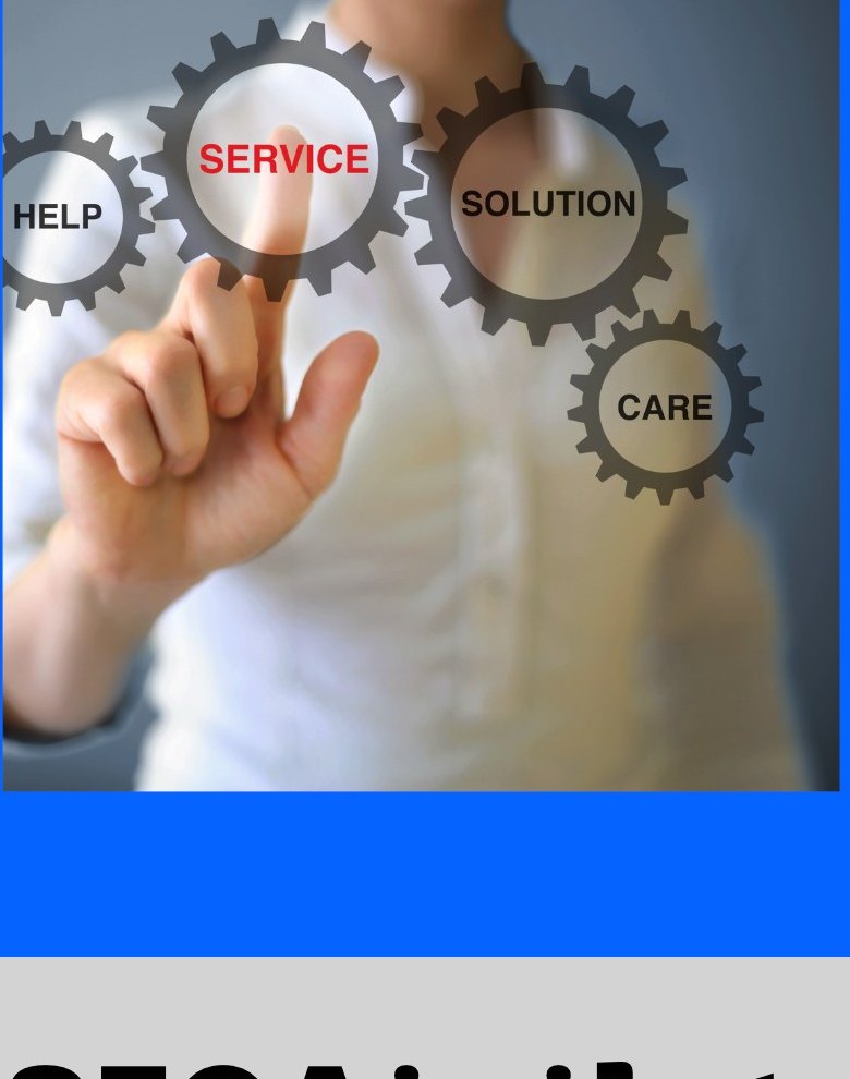 Service, help, solution and care gears representing reliable customer support